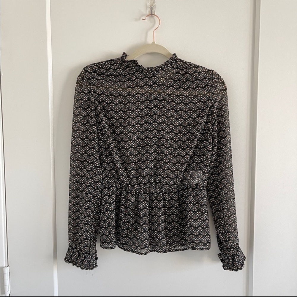 Sezane Peplum Muslin Sheer Ruffle Geometric Floral Blouse Size 38, US 6